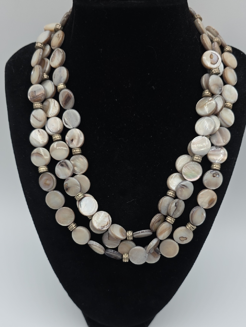 Three-Strand Cream And Tan Mother-of-Pearl Disc Necklace with Silver Accents